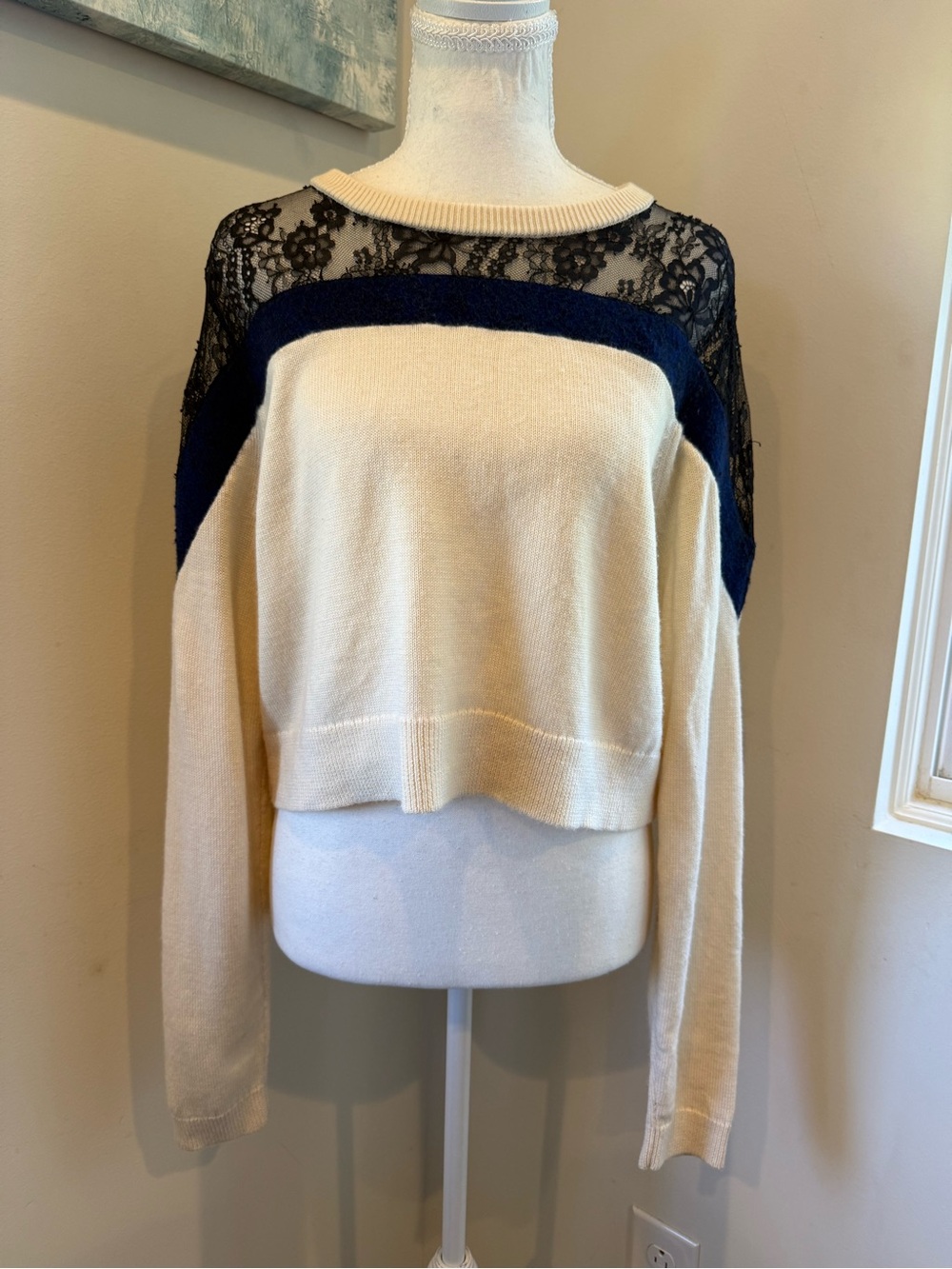 Tibi Wool Cream Sweater with Black Lace Yoke and Navy Band Medium